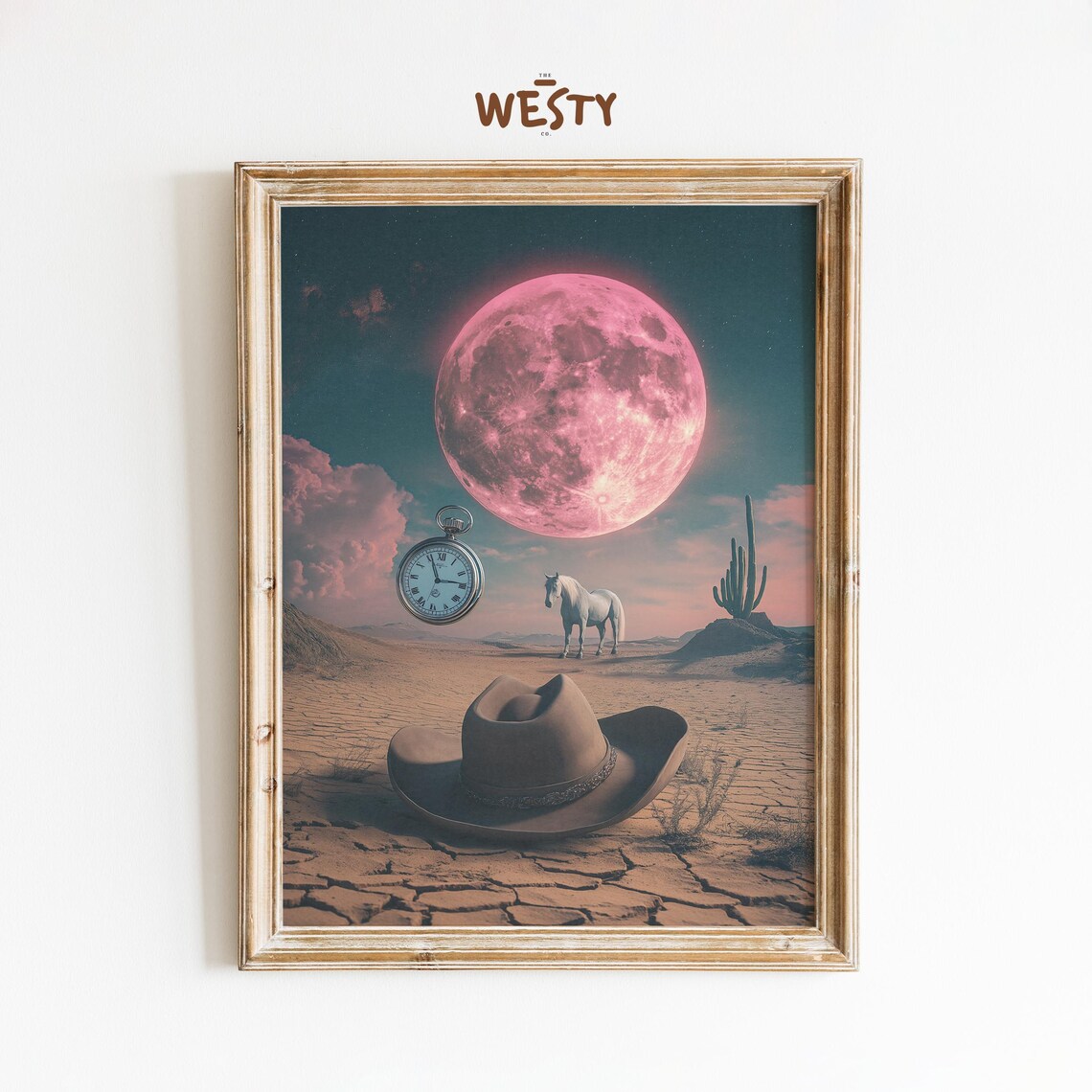 Surreal Giant Pink Moon Desert Cowboy Hat Pocket Watch Poster