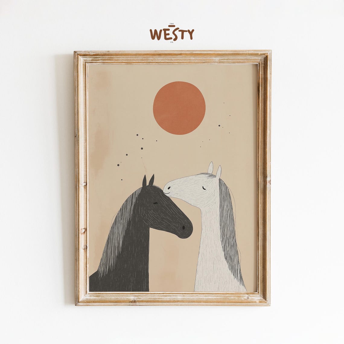 Two Horses Nuzzling Minimalist Boho Sun Western Horse Art Poster