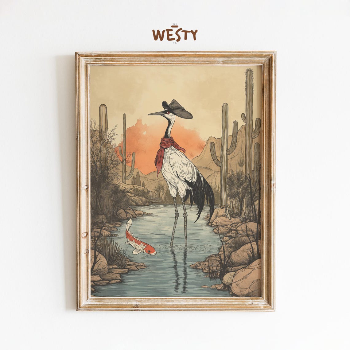 Cowboy Crane Bird Desert Cactus Sunset Whimsical Western Animal Poster