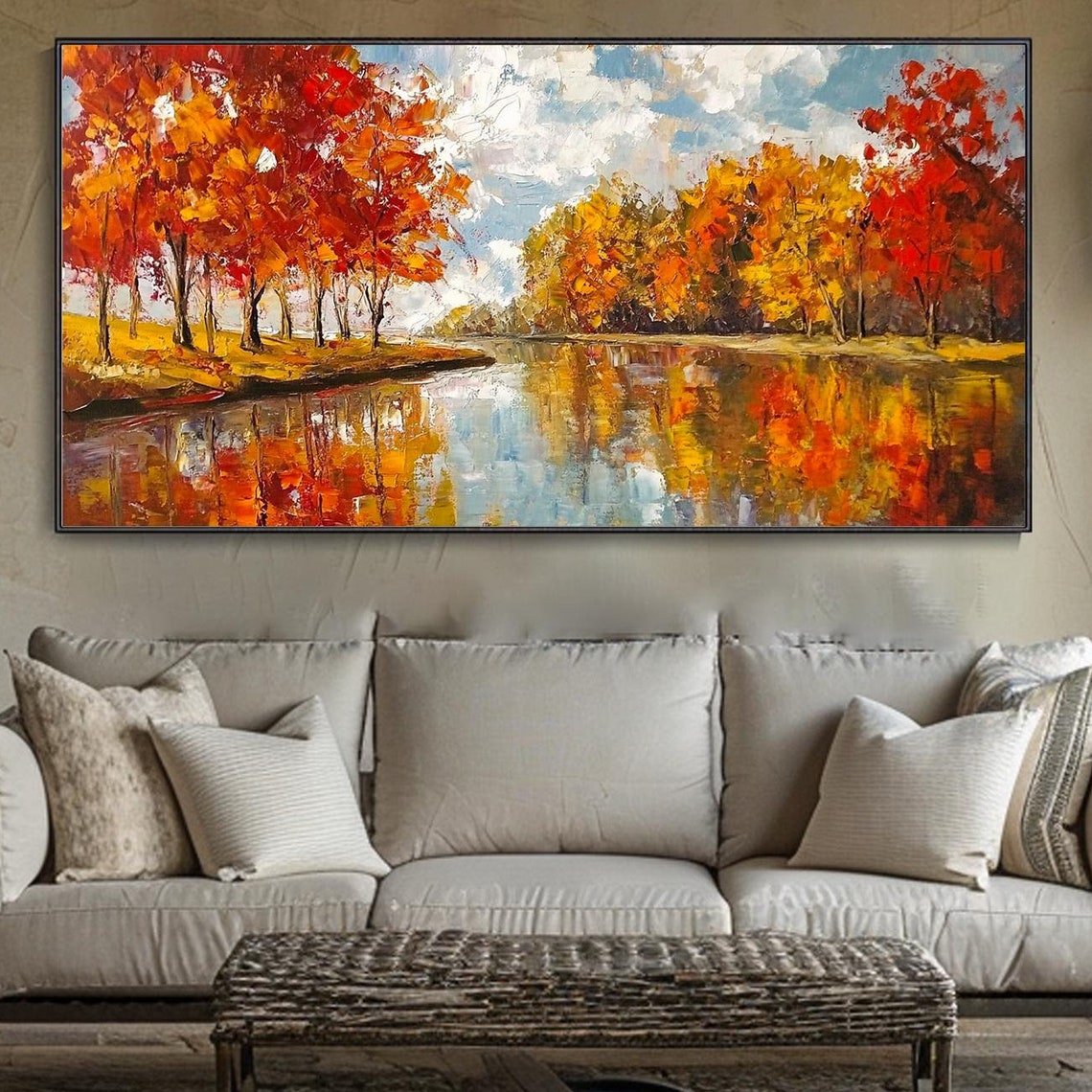 Blazing Autumn Trees River Reflection Red Orange Foliage Art Poster