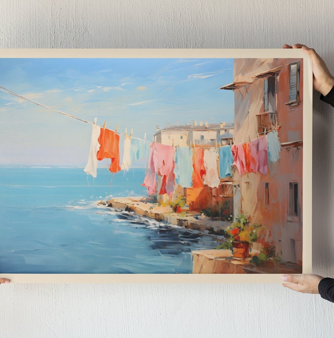 Colorful Laundry Line Mediterranean Seaside Town Sunny Coastal Print - Image 2
