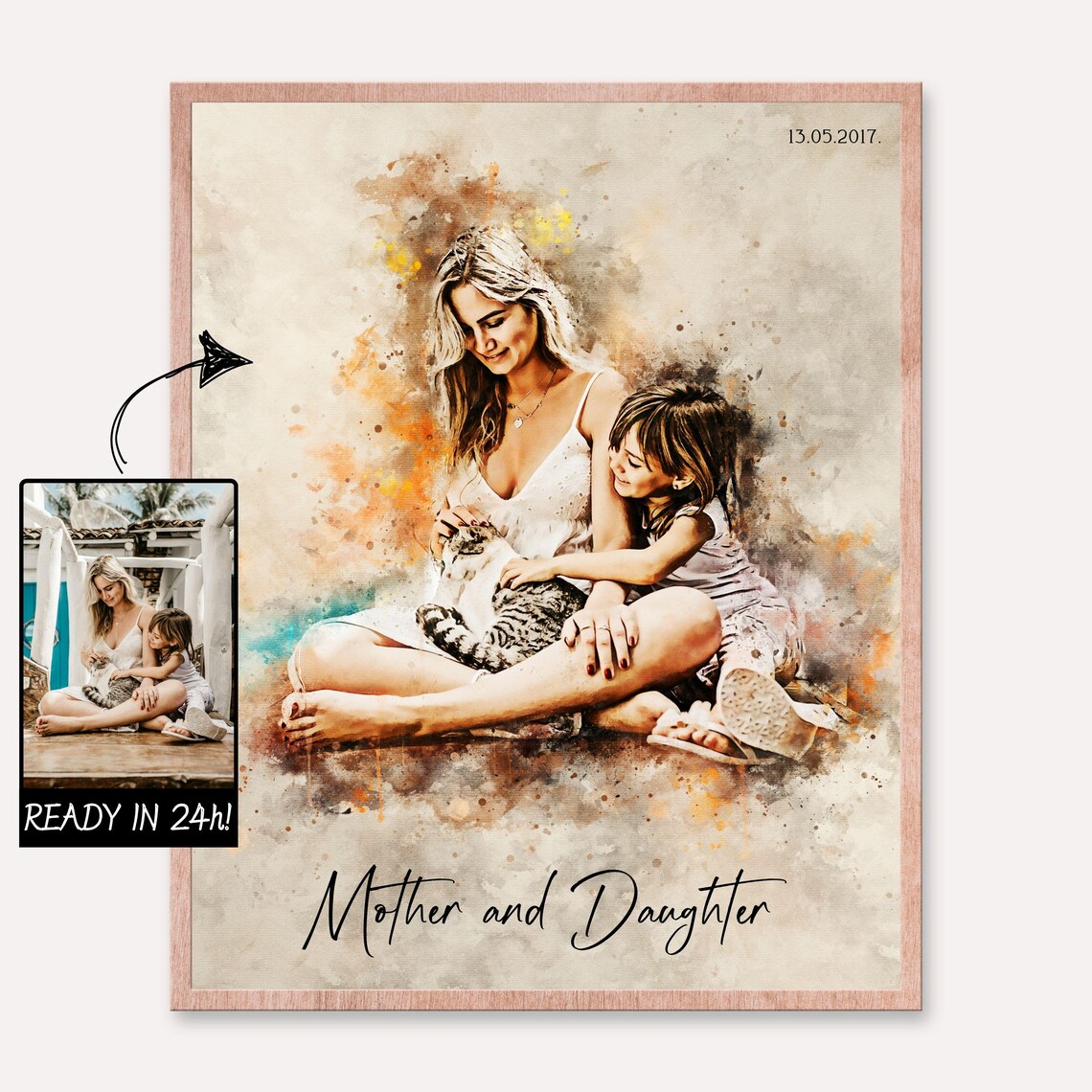 Mother and Daughter Embrace Custom Watercolor Portrait Print - Image 3