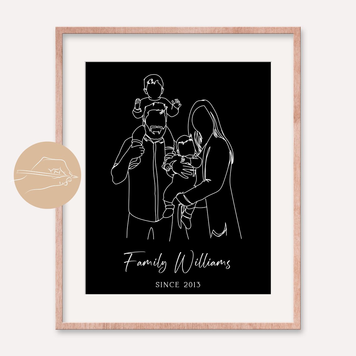 Black Line Art Family of Four Portrait Poster Since Date Gift