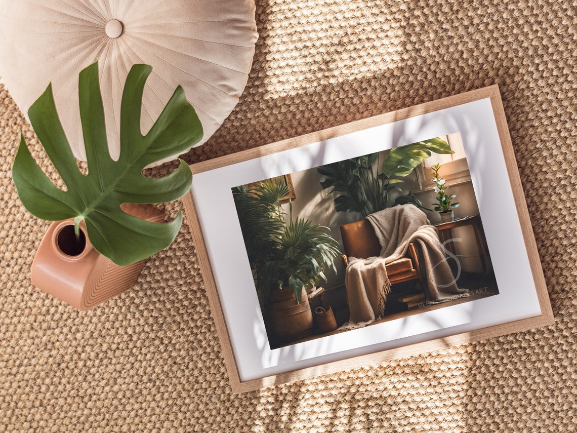 Cozy Reading Nook Armchair Houseplants Sunlit Room Oil Painting Poster - Image 3