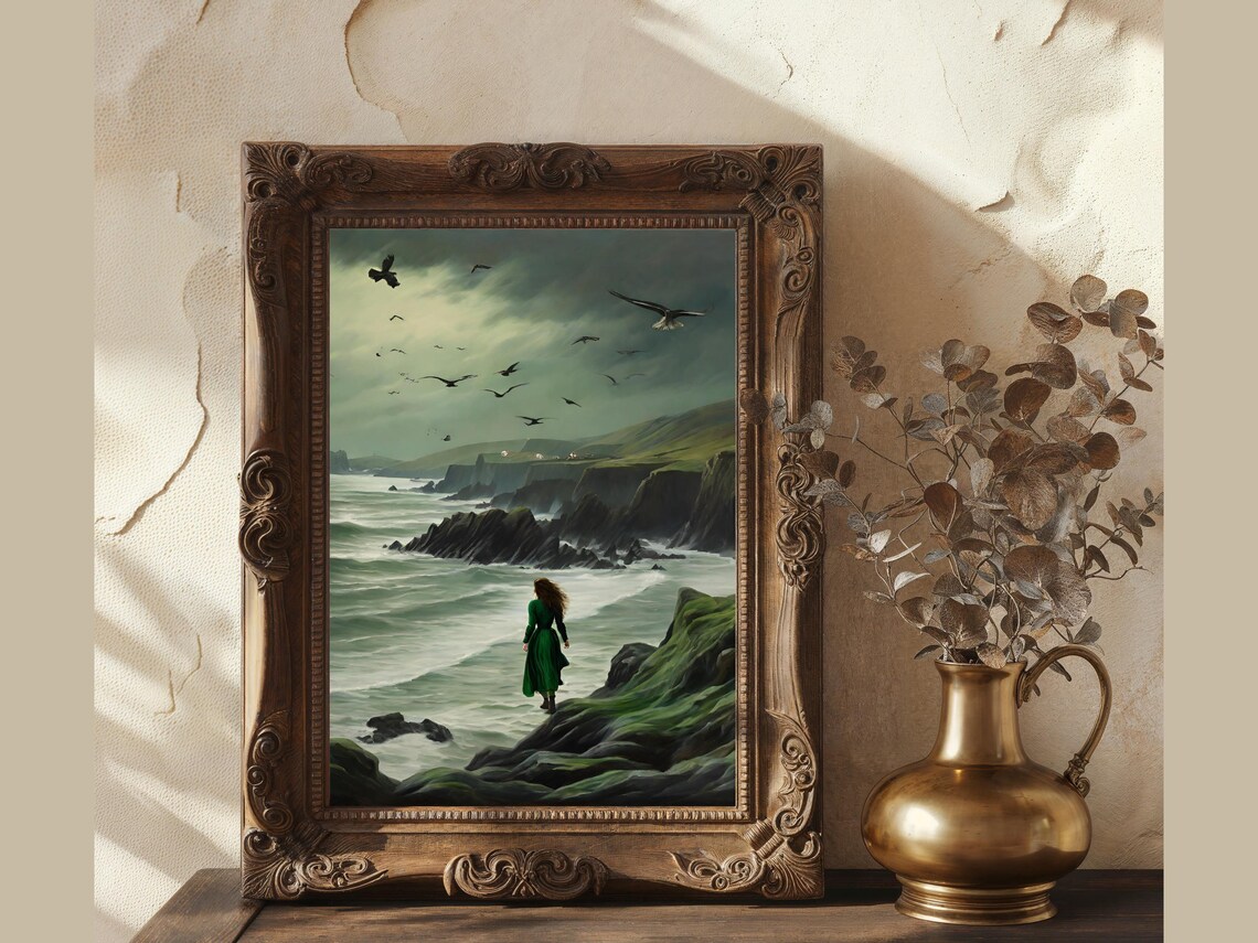 Woman Green Dress Stormy Rocky Coast Seabirds Moody Painting Poster - Image 3