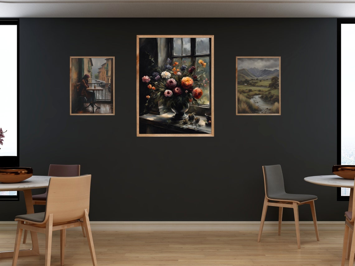 Moody Peony Bouquet Windowsill Vintage Dark Floral Still Life Poster - Image 3