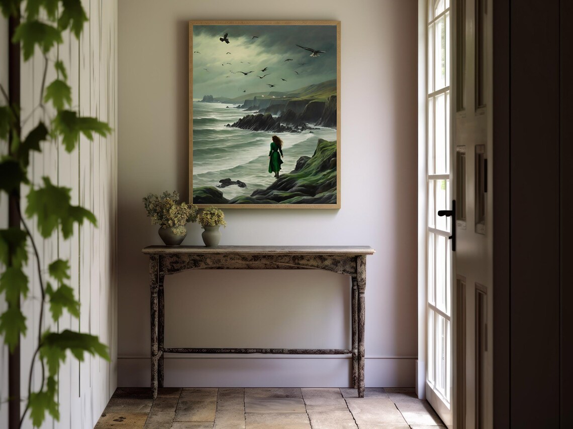 Woman Green Dress Stormy Rocky Coast Seabirds Moody Painting Poster - Image 4