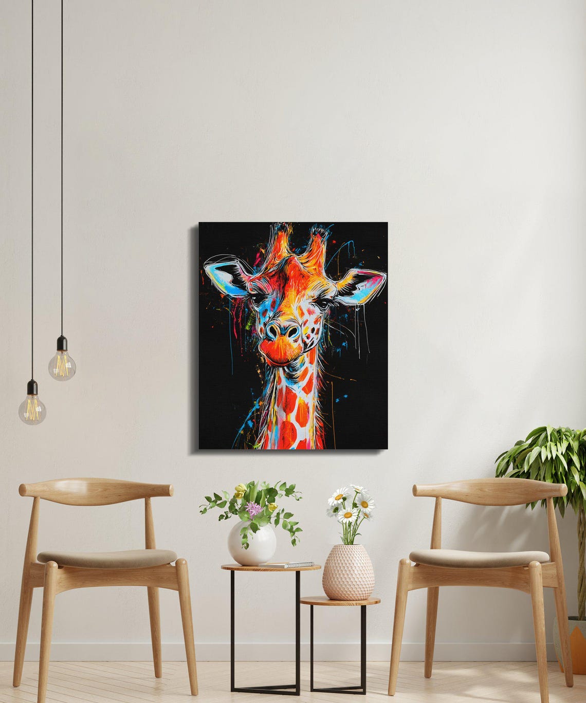 Cheerful Giraffe Front View Rainbow Splash Black Canvas Poster - Image 4