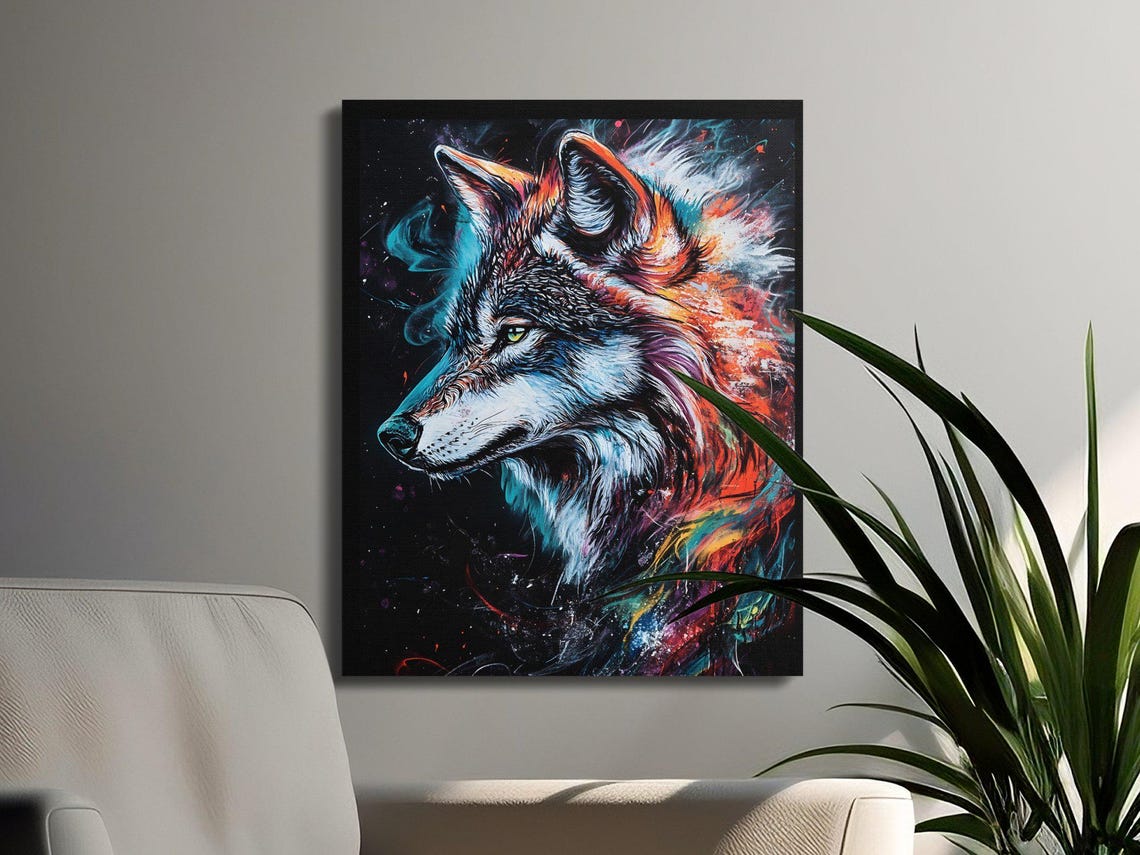 Fierce Wolf Profile Teal and Orange Splash Black Canvas Poster - Image 3
