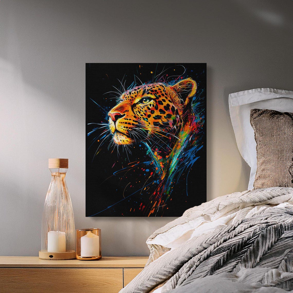 Colorful Leopard Portrait Splatter Paint Black Canvas Poster - Image 2