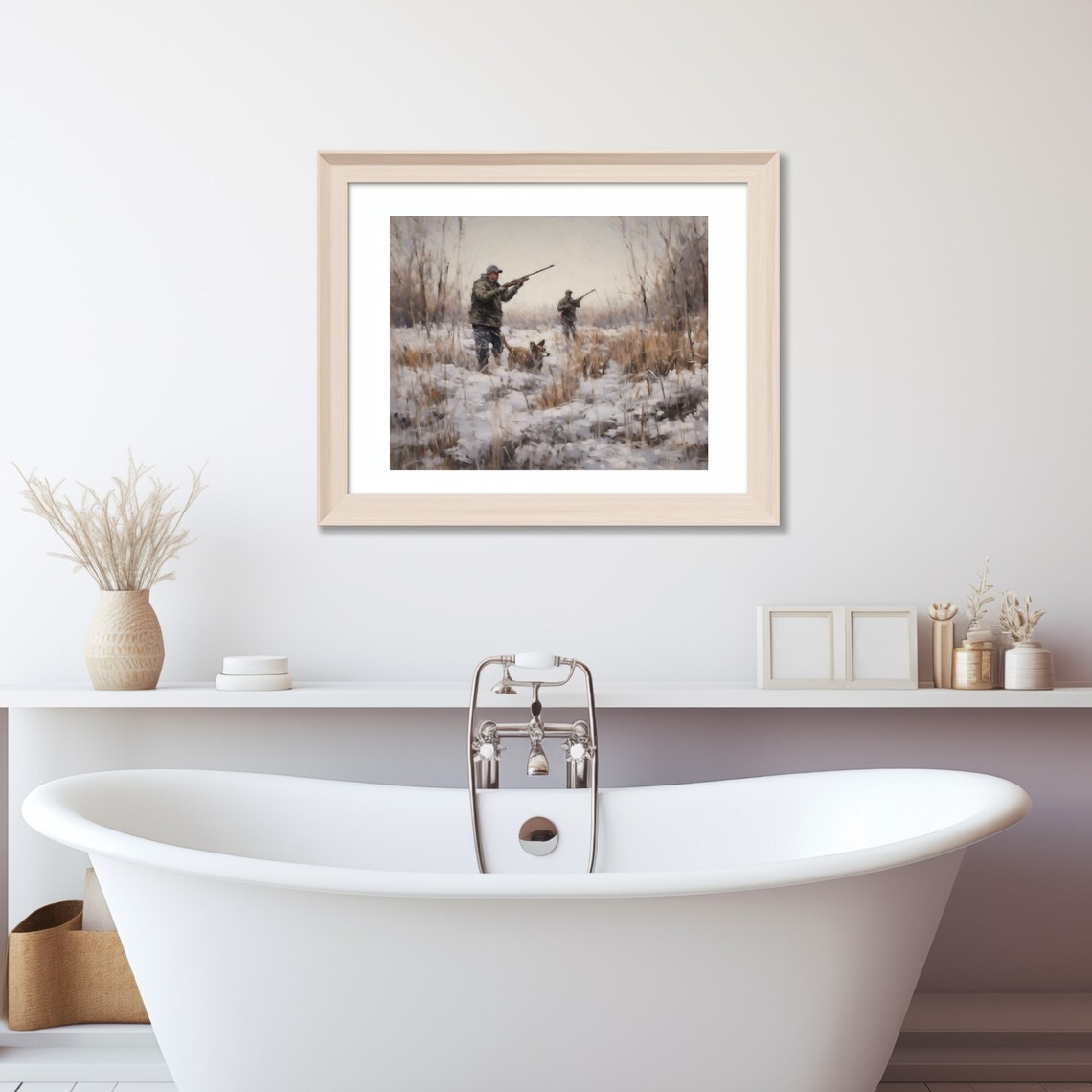 Hunters With A Dog Walking A Snowy Winter Field Vintage Poster - Image 3
