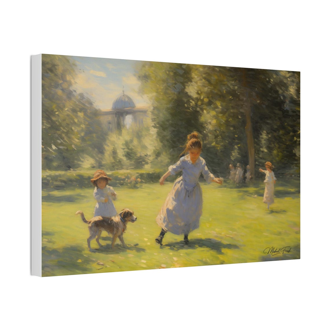 Children Playing With Dog Sunny Summer Park Scene Artwork Poster - Image 4