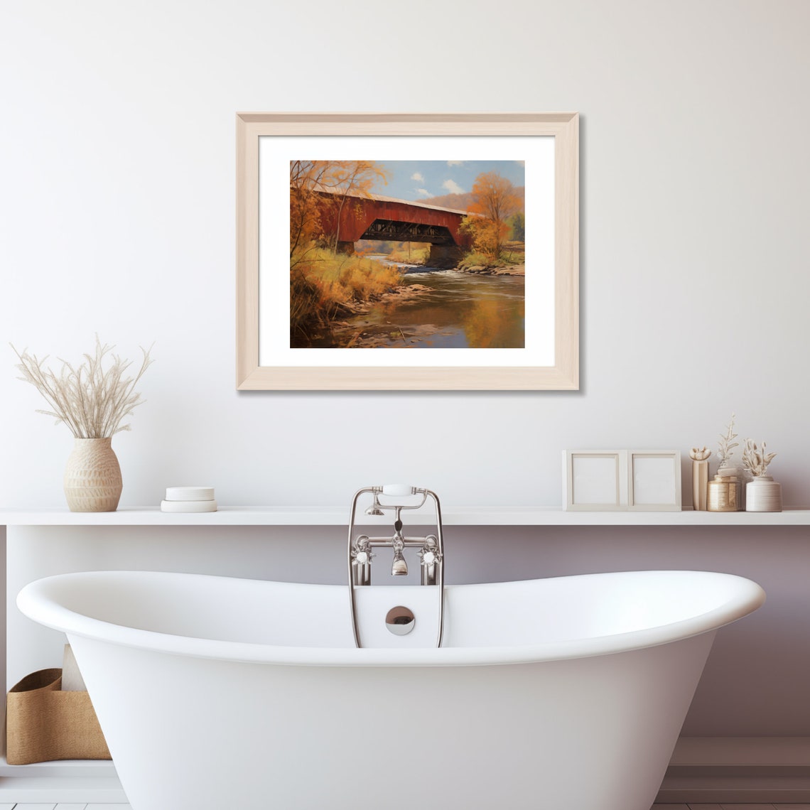 Covered Bridge In The Country In The Fall Vintage Inspired Landscape Print - Image 4