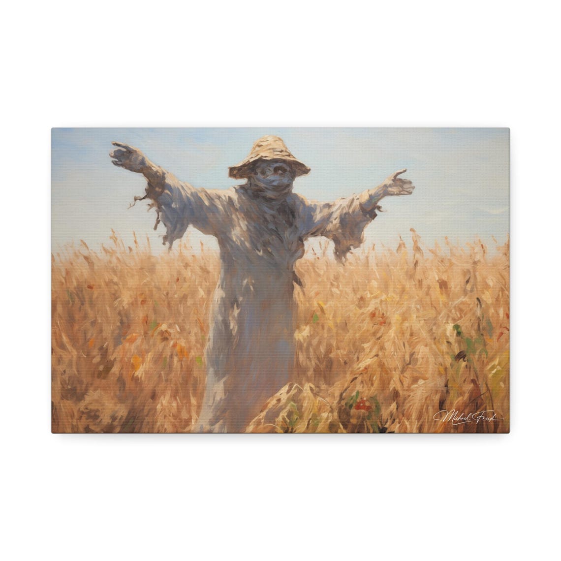 Scarecrow Standing in Golden Wheat Field Summer Day Art Poster - Image 2
