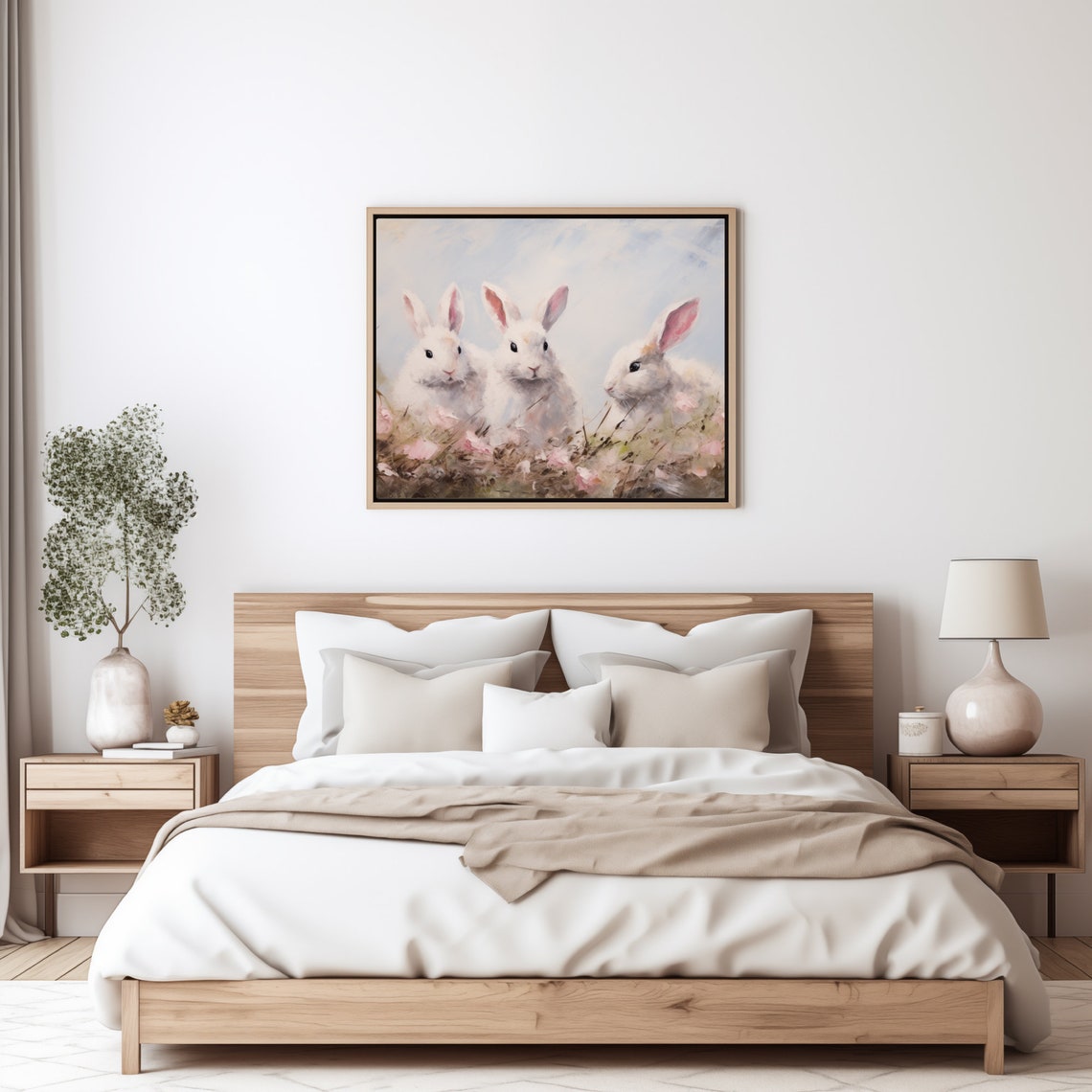 Three White Bunnies in a Spring Meadow Soft Watercolor Poster - Image 4