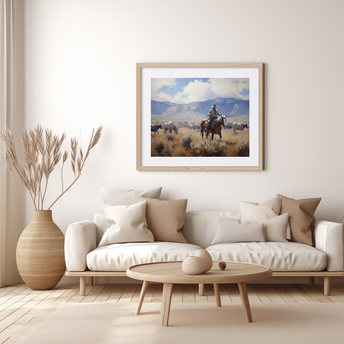 Cowboy On Horseback Herding Cattle In Western Plains Art Poster - Image 4