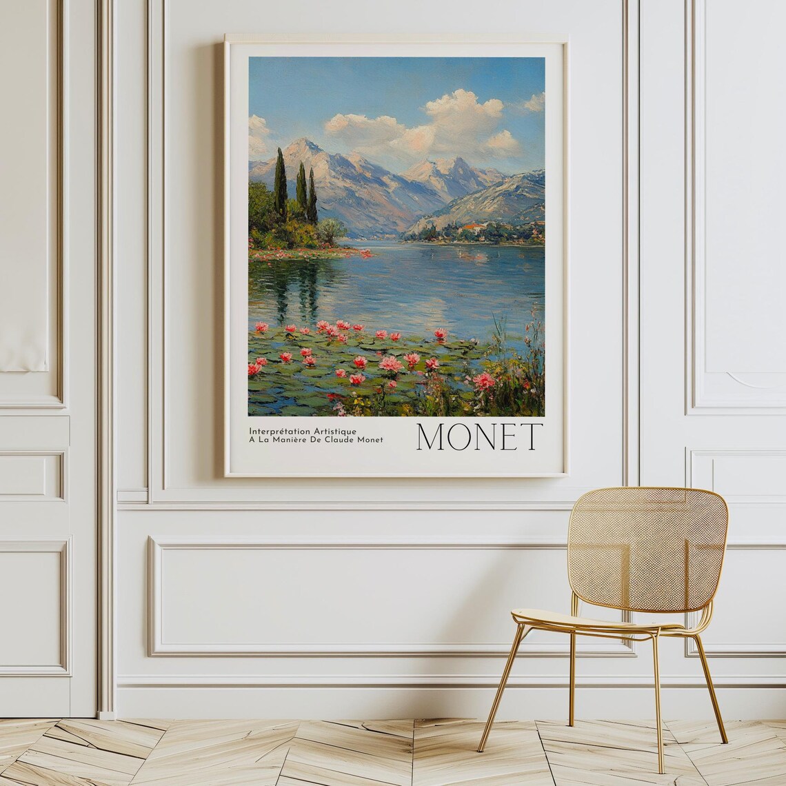 Claude Monet Style Pink Water Lilies Mountain Lake Art Poster