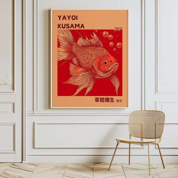 Vibrant Red Fish Print Yayoi Kusama Poster Yayoi Kusama Wave Print Japandi Wall Art Yayoi Kusama Print