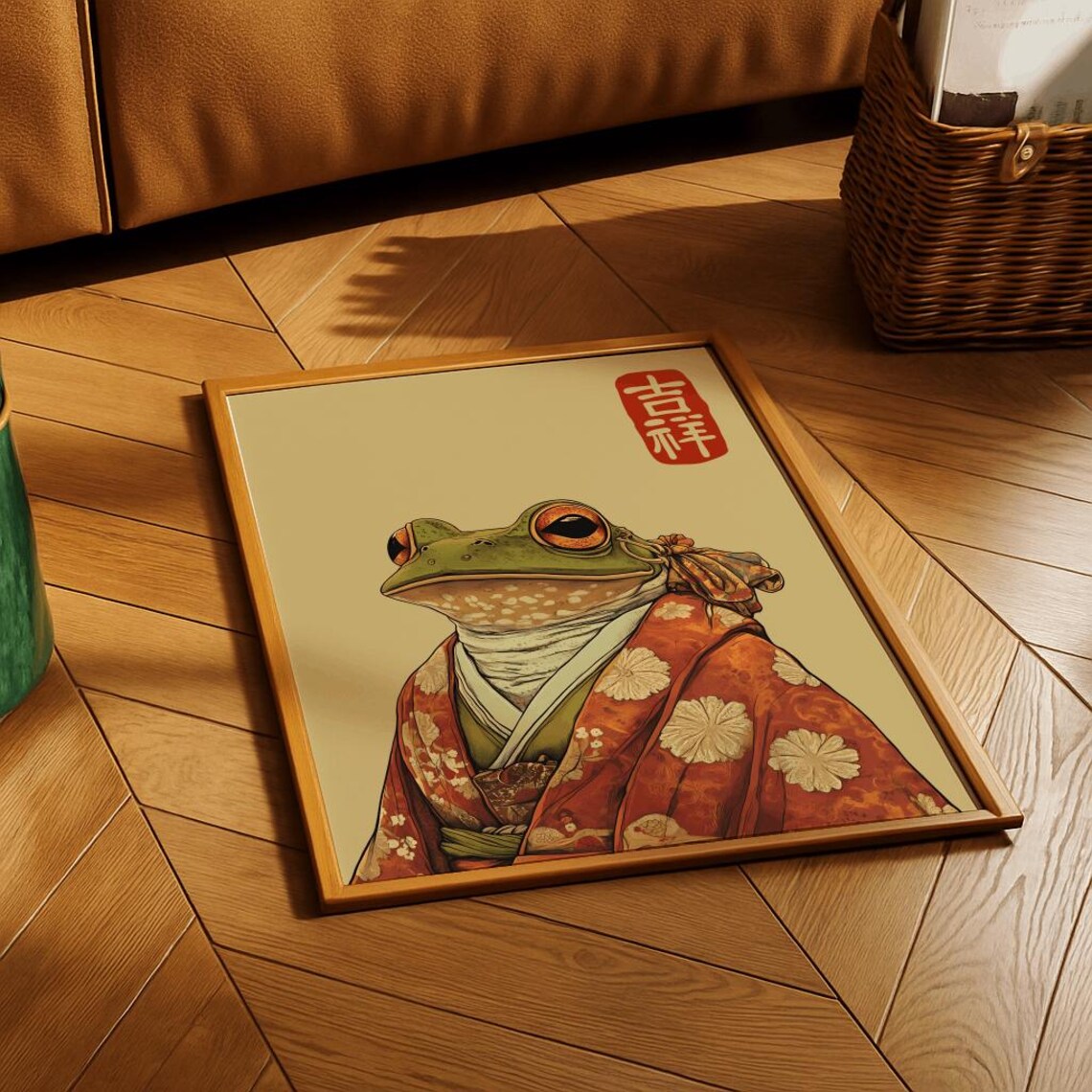 Japanese Frog in Kimono Vintage Woodblock Style Animal Wall Art - Image 6