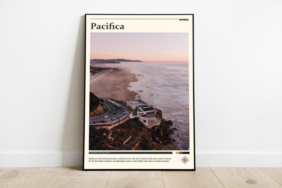 Pacifica Cliffside Coastal Town Sunset California Travel Poster