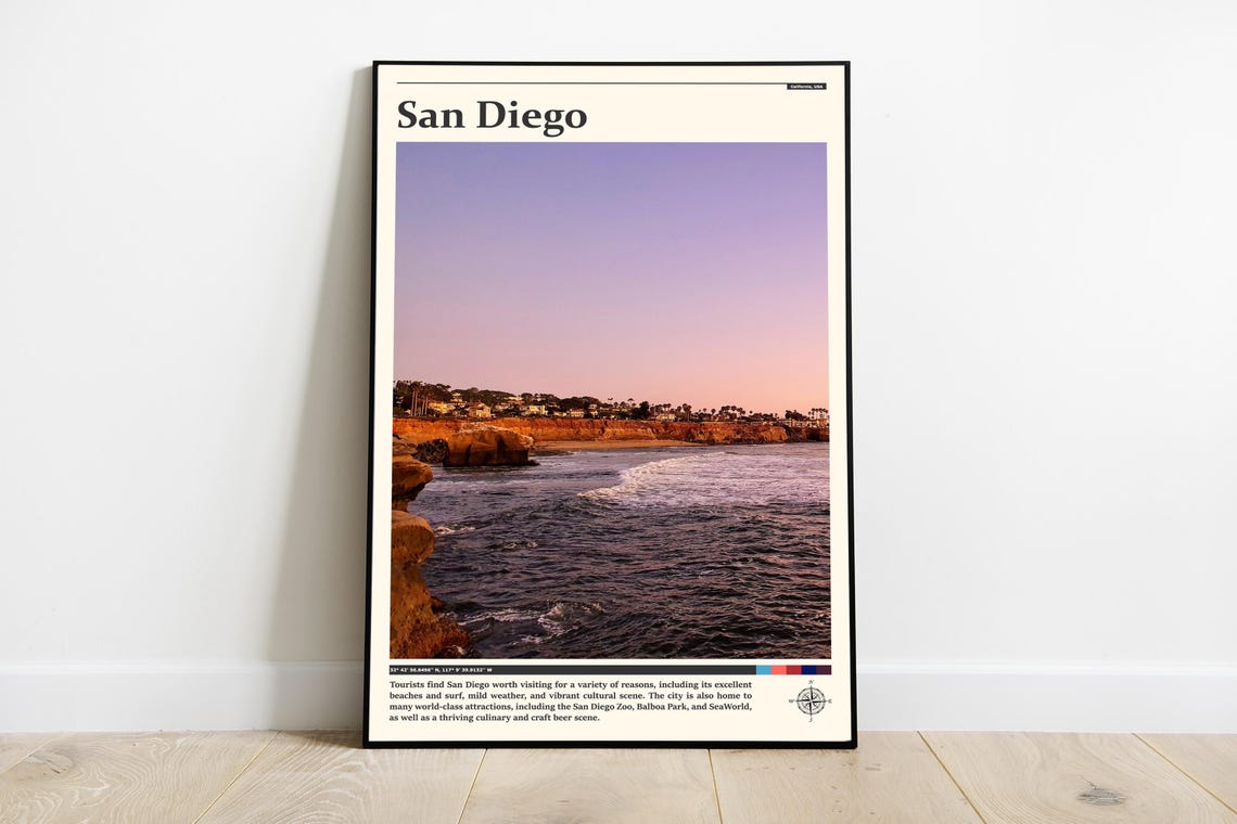 San Diego California Pink Dusk Ocean Cliffs Coastal Photography Poster