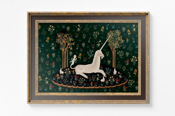 Medieval Unicorn, Floral Bunnies Tapestry Art Print