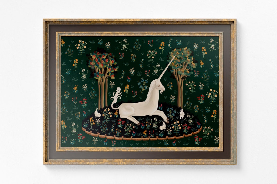 Medieval Unicorn, Floral Bunnies Tapestry Art Print