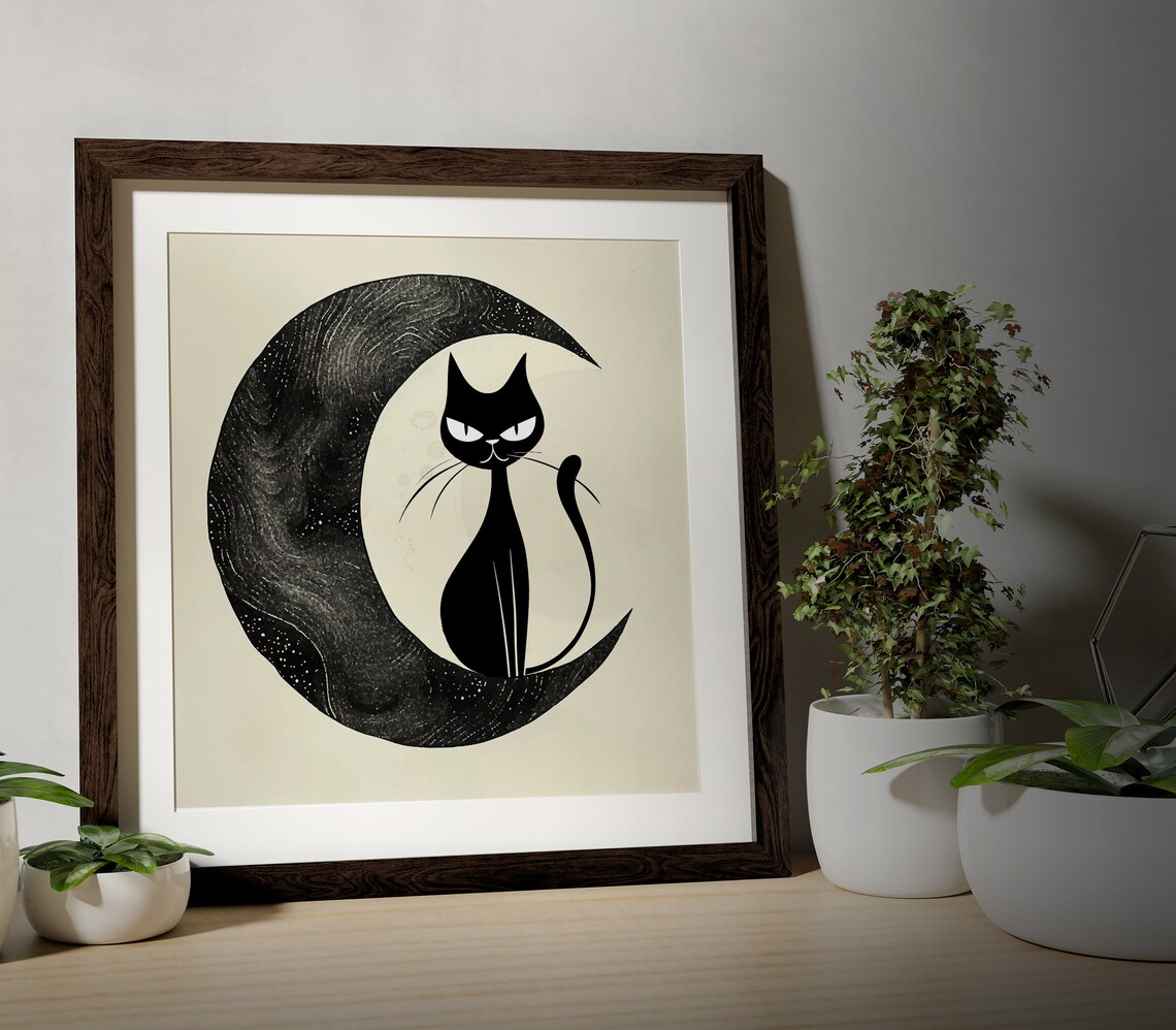 Midcentury Modern Cat And Moon Poster