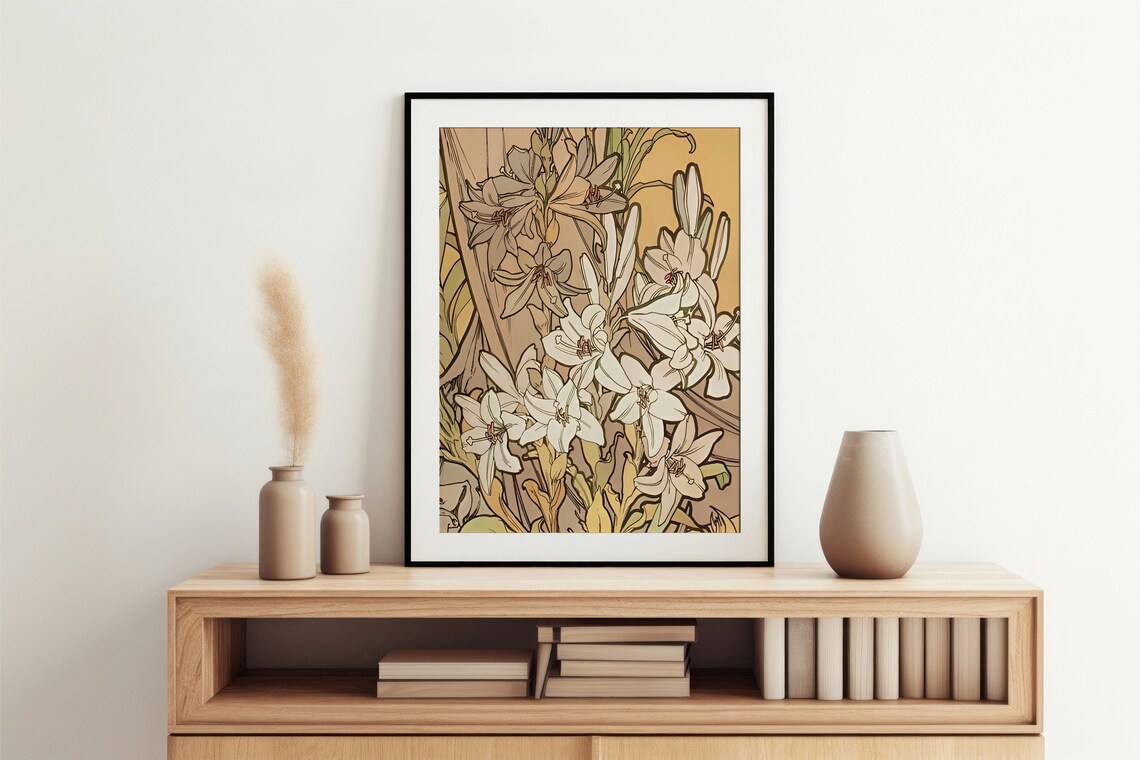 Mucha Style Lily Blossoms Beige Yellow Art Nouveau Floral Poster