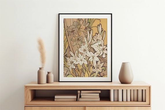 Mucha Style Lily Blossoms Beige Yellow Art Nouveau Floral Poster
