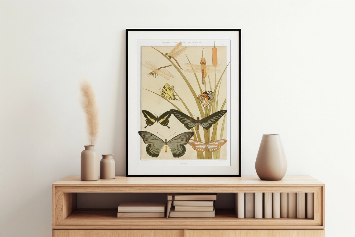 Art Nouveau Butterfly Poster, Bohemian Floral Print