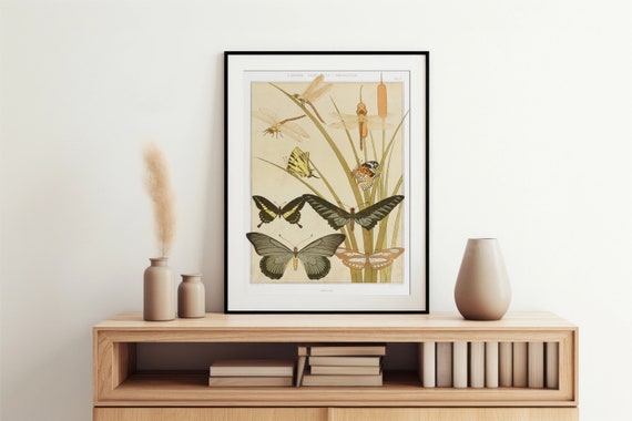 Art Nouveau Butterfly Poster, Bohemian Floral Print