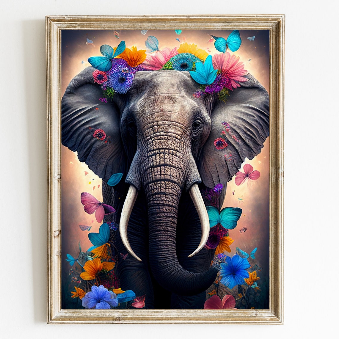Elephant Flower Crown Butterflies Colorful Animal Portrait Poster