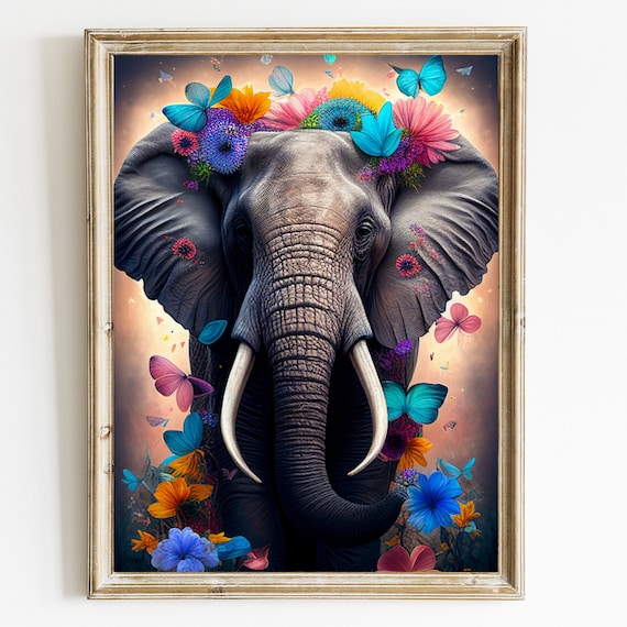 Elephant Flower Crown Butterflies Colorful Animal Portrait Poster