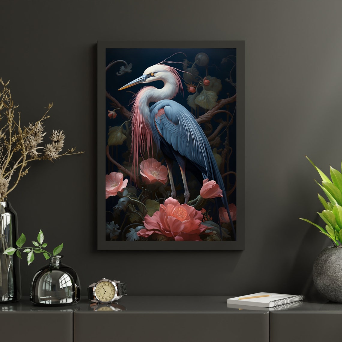 Blue Heron Moody Pink Floral Vintage Bird Portrait Artwork Poster - Image 3