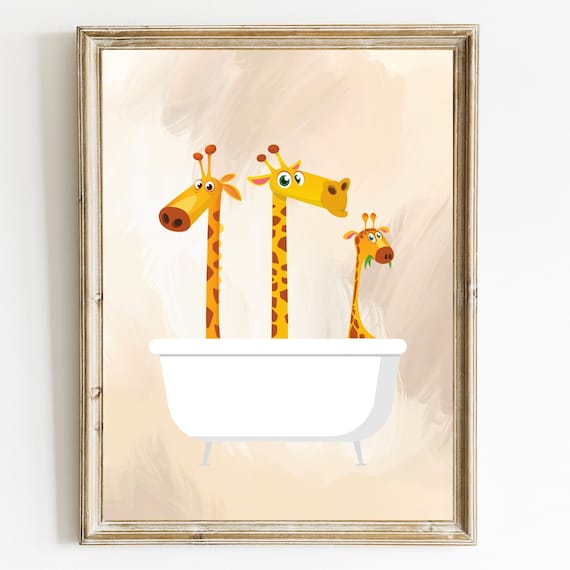 Three Cartoon Giraffes In Bathtub Funny Kids Bathroom Art Poster