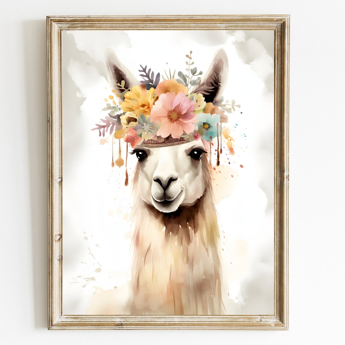 Smiling Llama Flower Crown Watercolor Cute Nursery Animal Art Poster