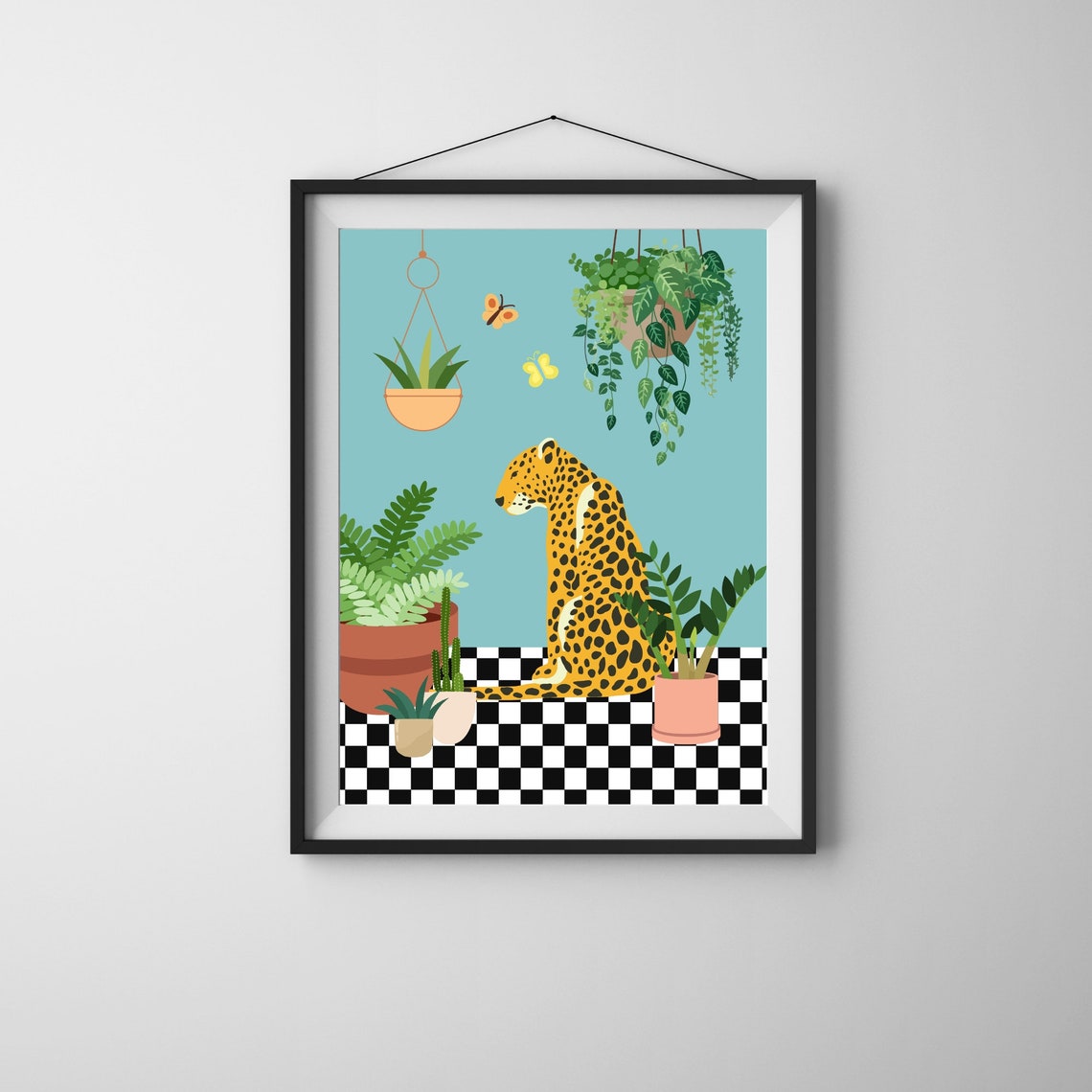 Leopard Among Houseplants on Checkered Floor Playful Art Poster - Image 2