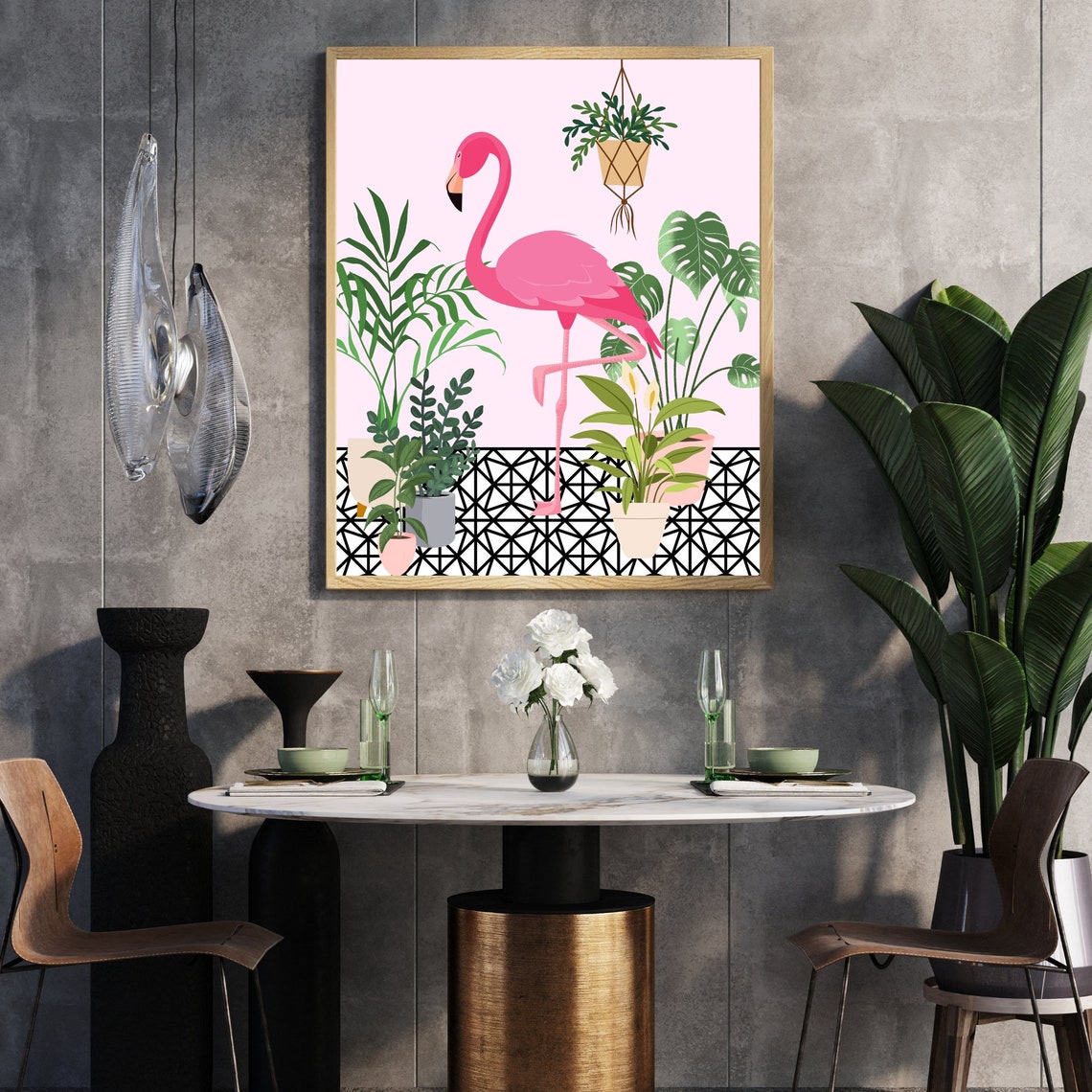 Pink Flamingo Tropical Plants Botanical Boho Jungle Style Poster - Image 2
