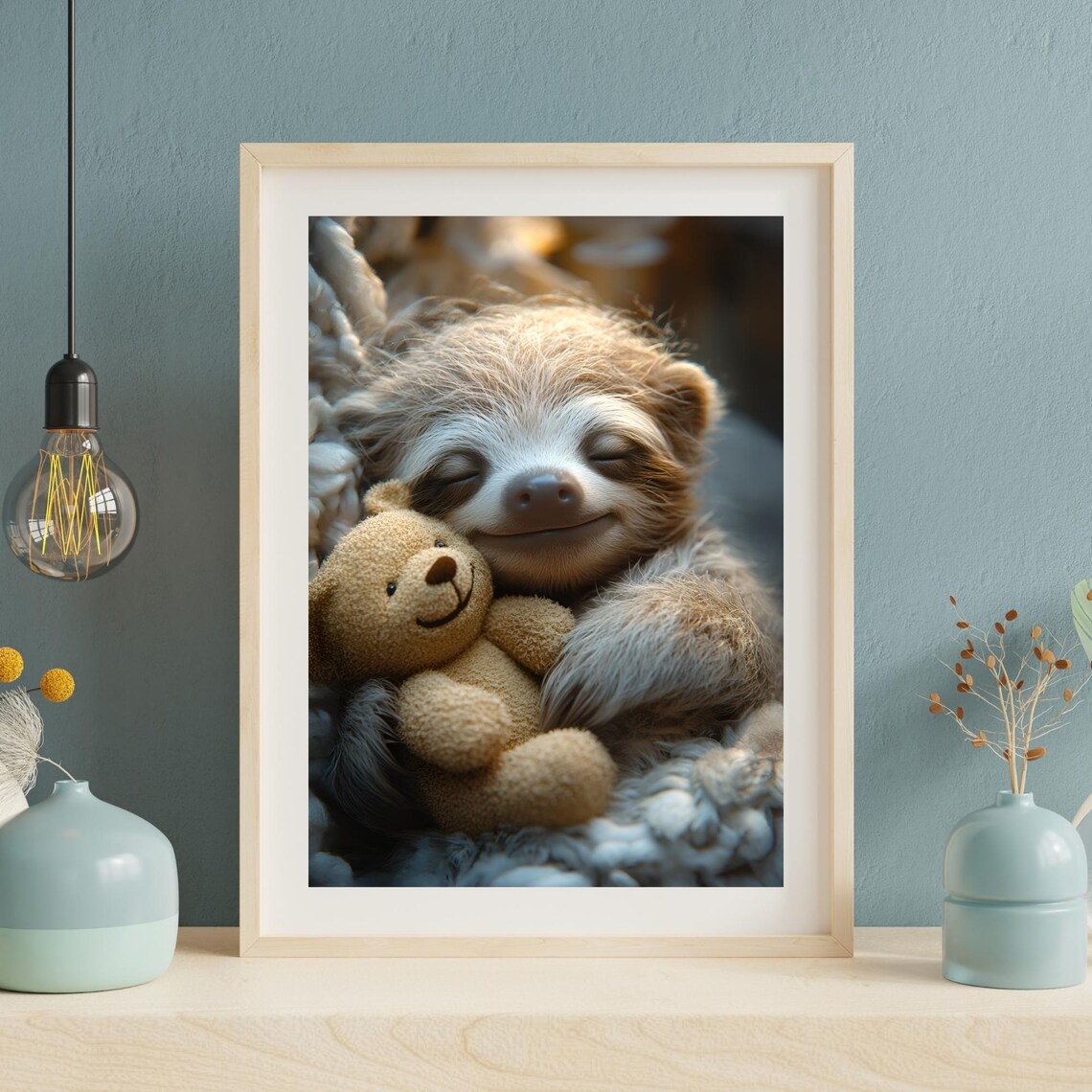 Sleepy Baby Sloth Hugging Teddy Bear Cute Nursery Animal Poster - Image 3