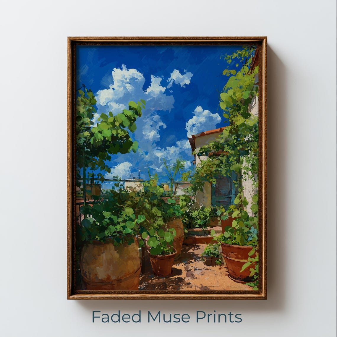 Sunlit Rooftop Garden Terracotta Pots Blue Sky Summer Art Print