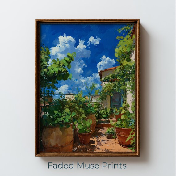 Sunlit Rooftop Garden Terracotta Pots Blue Sky Summer Art Print