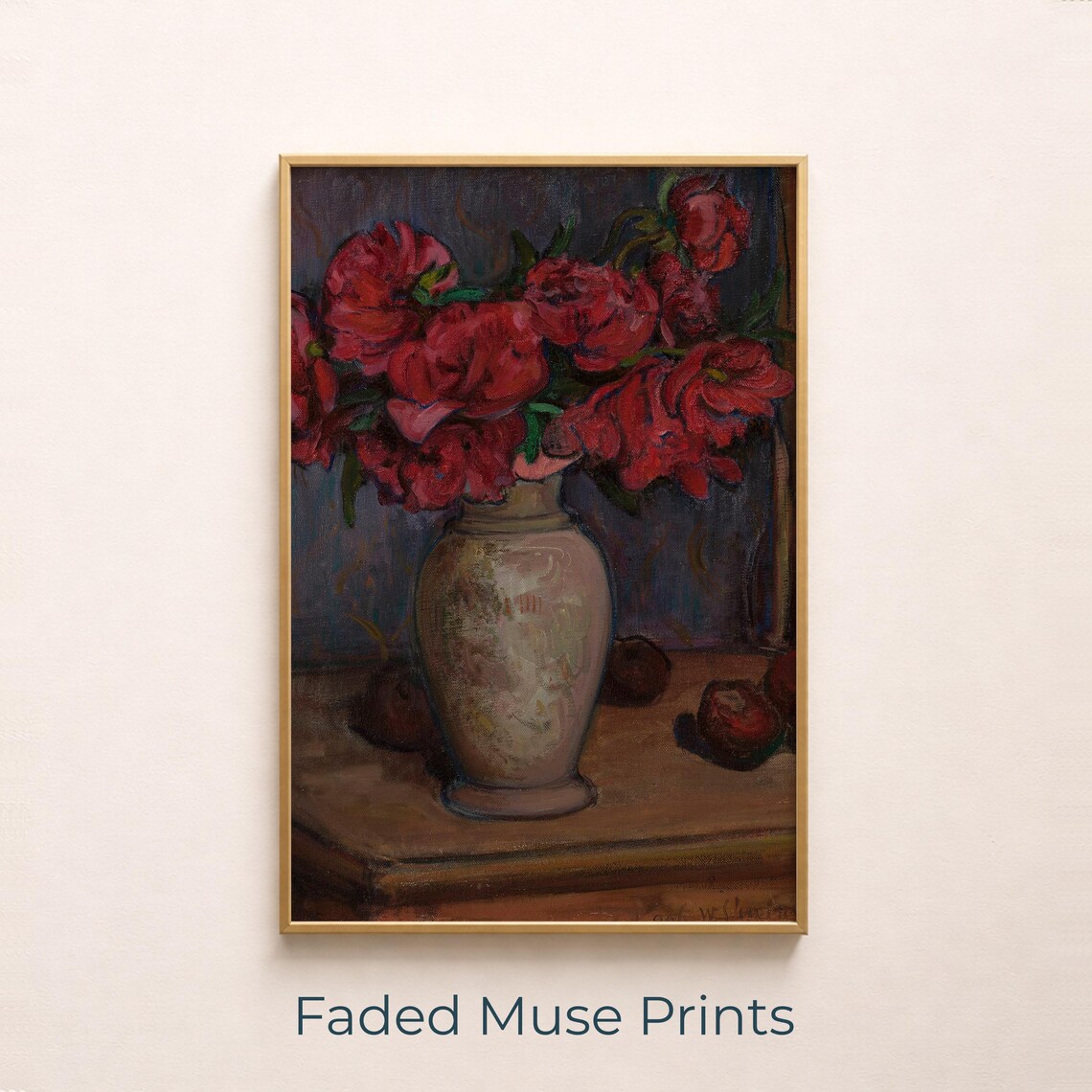 Moody Vintage Still Life Red Roses Ceramic Vase Fruit Dark Floral Oil Poster