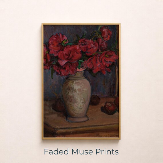 Moody Vintage Still Life Red Roses Ceramic Vase Fruit Dark Floral Oil Poster