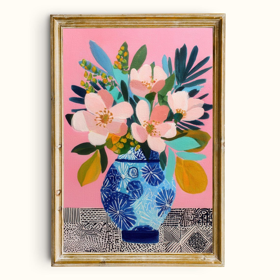 Pink Floral Bouquet in Blue Vase Modern Botanical Decor Poster