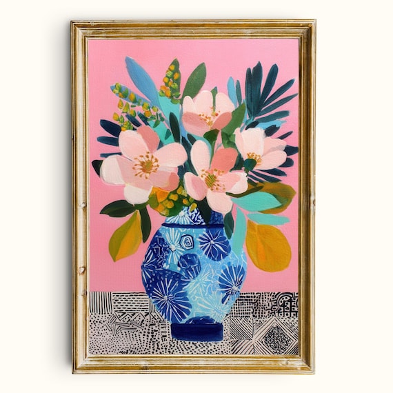 Pink Floral Bouquet in Blue Vase Modern Botanical Decor Poster
