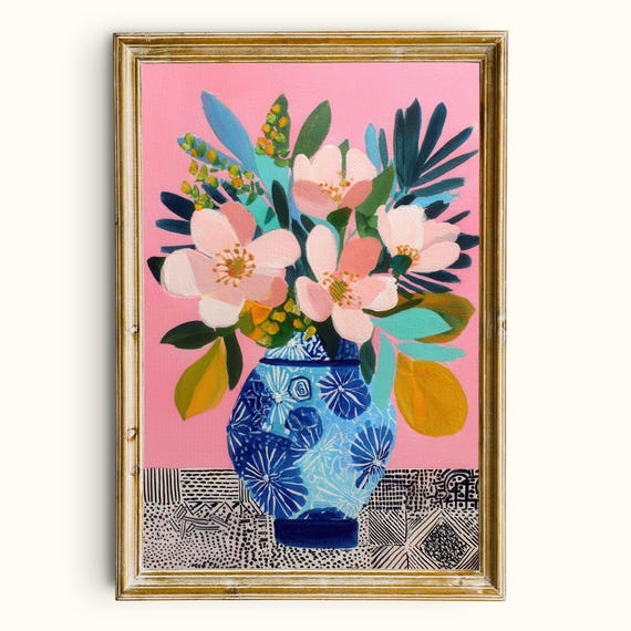 Pink Floral Vase Print Modern Botanical Art Digital Download