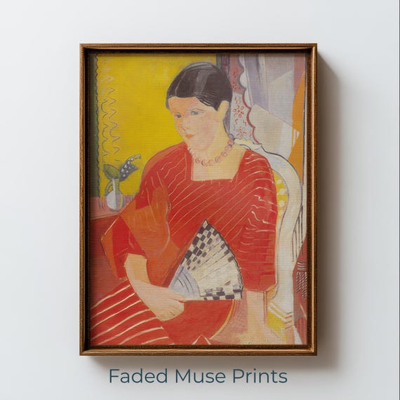 Retro Red Dress Portrait Art Woman With Fan In Midcentury Modern Style Digital Download 1152