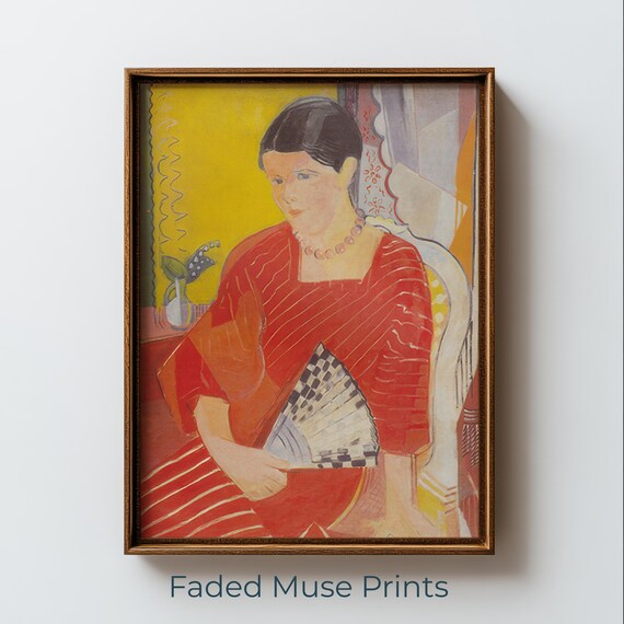 Woman in Red Dress with Fan Midcentury Modern Portrait Wall Art
