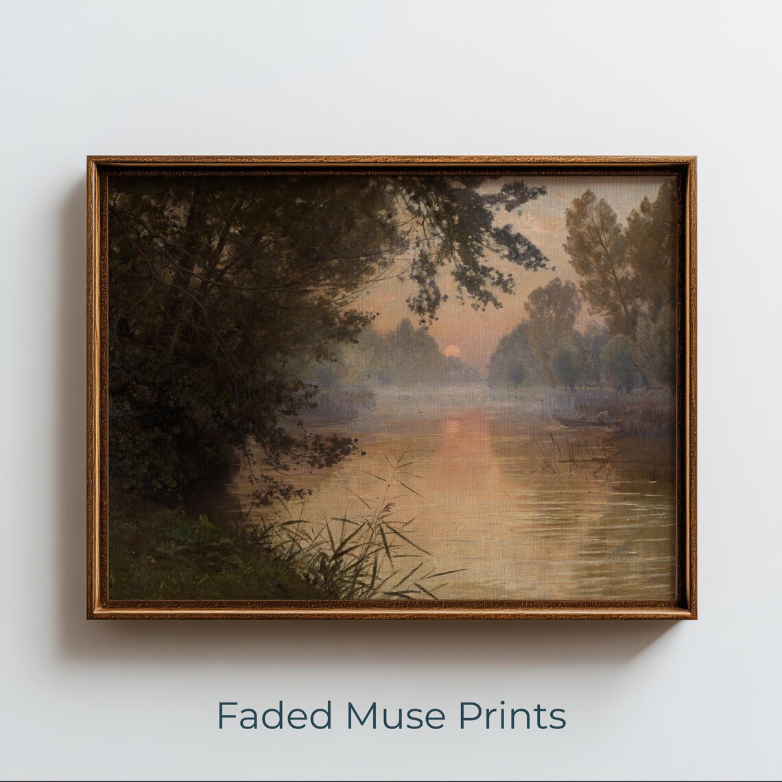 Tranquil Sunset Over River, Vintage Pastoral Landscape